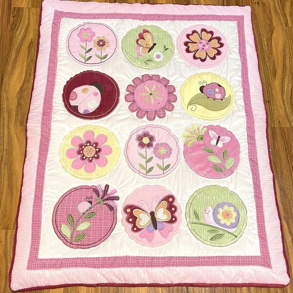 Kids Line Pink Butterfly Snail Cottage Core Nursery Bedding Quilt‎ Diaper Skirt